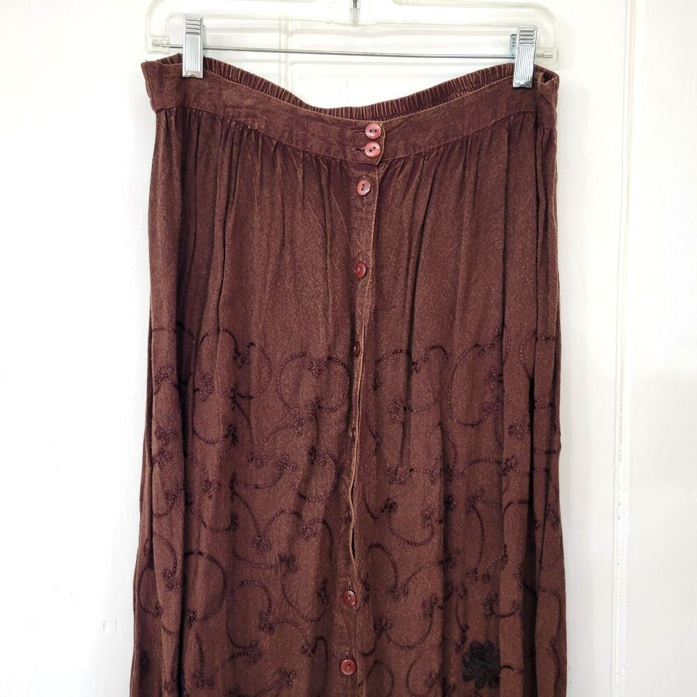 Vintage Embroidered Brown Rayon Button Front Midi Skirt - Picture 2 of 4